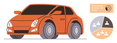 Yoğun çizgileri olan, demografik pasta grafiği ve veri bilgi paneliyle eşleştirilmiş küçük turuncu bir araba. Otomotiv pazarlama, sürücü analizleri, teknoloji, ulaşım, satış, lojistik için ideal