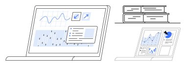 Yanında belge dosyaları olan laptop ekranı veri grafikleri, bar grafikleri ve analizleri gösteriyor. Veri analizi, verimlilik, dijital araçlar, iş dünyası, strateji belgeleri eğitimi için idealdir. Basit.