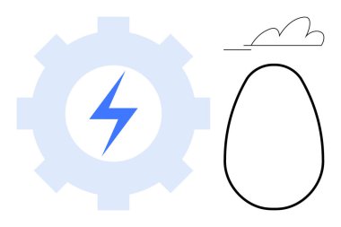 İçinde mavi yıldırım olan vites, bulut çizgisinin yanındaki yumurta kaplaması. Yenilik, enerji, girişim, yaratıcılık, teknoloji, büyüme verimliliği için idealdir. Basit düz metafor