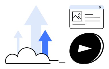 İlerleme için yukarı doğru ok, medya için çalma tuşu, analiz veya içerik için dijital pencere olan bulutlar. Büyüme, yenilik, pazarlama, strateji, iş medyası teknolojisi için idealdir. Basit düz