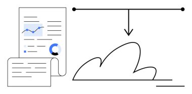 Haritalar, grafikler ve pasta verilerinin bulut deposuna dönüştürüldüğü belge. Teknoloji, depolama, analitik, veri yönetimi, yazılım, işletme işlemleri için ideal basit düz metafor