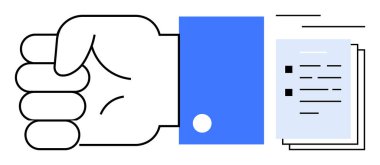 Taslak kağıtların yanındaki yumruklanmış el kararlılığı, odaklanmayı, eylemi veya motivasyonu yakalar. Çalışma ahlakı, hedef belirleme, motivasyon, üretkenlik, liderlik gücü için ideal düz düz