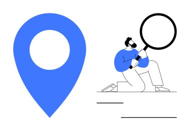 Büyüteçle analiz yapan bir adamın yanında büyük bir lokasyon iğnesi. Navigasyon, araştırma, keşif, hedef alma, problem çözme, çözüm bulma ve analitik için idealdir. Basit düz metafor