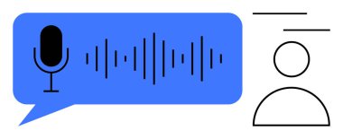 Mikrofonlu mavi sohbet balonu, ses dalgaları ve basit bir insan taslağı. Podcast, ses teknolojisi, sanal asistan, iletişim, ses kaydı, basit ses tanıma sistemi için ideal