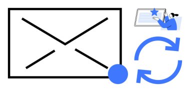 Büyük zarf simgesi, dairesel senkronizasyon okları, geri besleme yıldızıyla ekran etkileşimi. E- posta organizasyonu, güncellemeler, kullanıcı geribildirimi, iletişim, üretkenlik, görev otomasyonu için ideal basit