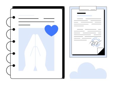 Dua eden elleri ve kalbi olan defter, panoya imzalı anlaşma ve bulut. Ruhanilik, sözleşmeler, bağlılık, düşünce, sadaka inancı ve güven için idealdir. Temiz ve basit düz metafor