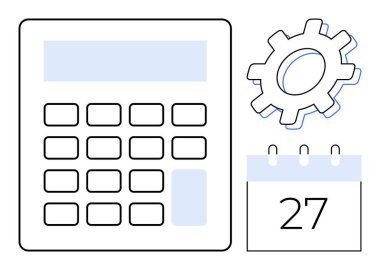 Hesaplayıcı, dişli ve takvim 27 maddi yönetim, organizasyon ve takvimi vurguluyor. Muhasebe, verimlilik araçları, iş stratejisi, son teslim tarihleri takım çalışması yönetimi için ideal