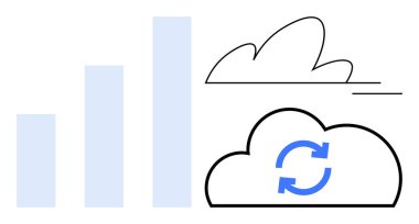 Senkronize sembollü bulut, bar çizelgesi ve soyut bulut çizgisi. Teknoloji, iş dünyası, veri analizi, bulut hesaplaması, depolama senkronizasyonu ve sürdürülebilir geliştirme için idealdir. Basit düz
