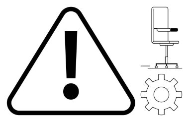Teçhizat ve ayarlanabilir ofis sandalyesinin yanında ünlem işareti olan üçgen alarm. Güvenlik, verimlilik, işyeri ergonomisi, mühendislik, risk yönetimi, uyarılar için ideal, basit düz metafor