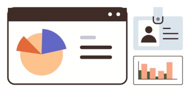 Analitik gösterge panelinin yanında turta grafiği, bar grafiği ve kullanıcı kimliği kartı. İş, analitik, yönetim, kimlik, araştırma ekibi çalışması ve görselleştirme için ideal. Basit düz metafor