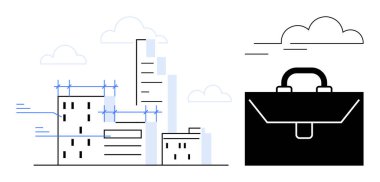 Gelişmekte olan yüksek binalar, iş, inşaat ve kentsel planlamanın vurgulandığı cesur bir evrak çantasıyla eşleştirildi. Büyüme, takım çalışması, başarı, strateji, kariyer planlaması için ideal