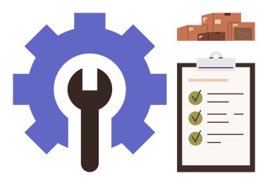 Vites ve anahtar bakımı sembolize eder, yeşil keneli kontrol listesi, envanteri simgeleyen kutular. Lojistik, tedarik zinciri, onarım, kalite kontrolü, verimlilik için ideal basit