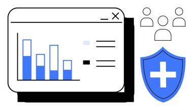 Bar haritası analiz penceresi, mavi tıbbi kalkan, bir grup kullanıcı. Veri koruması, sağlık, takım çalışması, dijital güvenlik, istatistik araştırması ve işbirliği için ideal. En az düz metafor