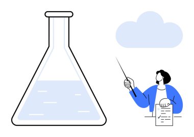 Sıvı şişeli, profesyonel, elinde kağıt ve işaret, arka planda bulut. Bilim, araştırma, yenilik, eğitim, veri analiz iletişim teknolojisi için idealdir. Basit düz metafor