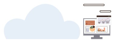 Grafikler, çizelgeler ve alışveriş arabası analizleriyle birlikte bulut arkaplanı. Veri yönetimi, depolama, e-ticaret, teknoloji, bulut hesaplama, analiz ve yenilik için ideal