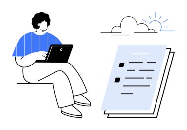 Gündoğumunun yanında bulutlu kontrol listeleri olan büyük bir belgenin yanında oturan dizüstü bilgisayar kullanan kişi. Üretkenlik, eğitim, uzak çalışma, kişisel büyüme, yaratıcılık, organizasyon, planlama için idealdir. Temiz