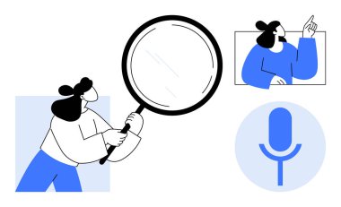 Ses mikrofonuyla iletişim kuran kadın ve el hareketi arama, araştırma, keşif, iletişim, etkileşim, keşif ve kullanıcı arayüzünü temsil ediyor.