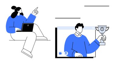 Dizüstü bilgisayarla çalışan bir kadın sanal ekranda elinde kupa tutan bir adama el kol hareketi yapıyor. Uzak takım çalışması, sanal olaylar, dijital işbirliği, başarı, rekabet, online ödüller, uzaktan kumanda