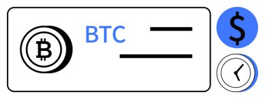 Bitcoin simgesi, BTC etiketi, dolar işareti, ve saat sembolü kripto para işlemleri, zaman hassasiyeti ve takası temsil ediyor. Kripto para birimi, engelleme zinciri, fintech finans için ideal