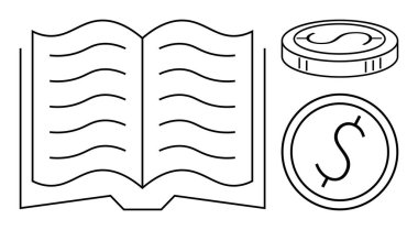 Bilgi, servet ya da yatırımı temsil eden iki basit madeni parayla eşleştirilmiş açık bir kitap. Basit bir dairede finans, eğitim, bütçe, okur yazarlık, tasarruf, ekonomi ve öğrenim kavramları için ideal