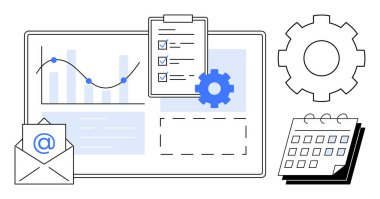 Analitik gösterge paneli, kontrol listesi paneli, e- posta simgesi, dişli ve takvim. Üretkenlik, organizasyon, planlama iş akışı zaman yönetimi veri analizi verimliliği için idealdir. Basit düz metafor
