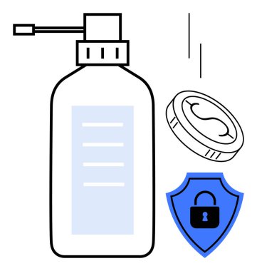 Pompalı dezenfektan şişesi, düşen sıvı damlası ve temizliği, güvenliği ve enfeksiyon önlemeyi sembolize eden güvenli bir kalkan. Hijyen, sağlık, güvenlik ve dezenfekte virüsü için ideal