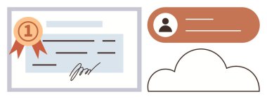 İmzalı sertifika, kırmızı kurdele, profil kimliği ve bulut simgesi. Tanınma, başarı, sertifika, profil yönetimi güvenlik eğitim veri deposu için ideal. Basit düz