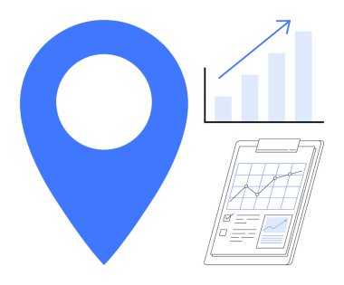 Mavi lokasyon iğnesi, yukarı doğru çizelge, büyümeyi gösteren bir ok ve detaylı kontrol listesi raporu. Planlama, ilerleme izleme, coğrafi veriler, analitik, strateji, lojistik navigasyon için ideal