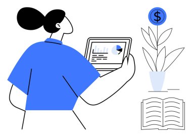 Tableti veri tablosuyla gören kadın, büyümeyi sembolize eden bitki ve açık kitap. İş, finans, başarı, eğitim, analiz verimlilik ve öğrenme temaları için idealdir. Basit düz metafor