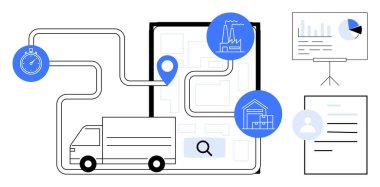 Haritalı bir güzergahta teslimat kamyonu kronometre, fabrika, depo, veri şeması ve profil dokümanı. Lojistik, tedarik zinciri, rota planlama teslimatı depo yönetimi verileri için ideal