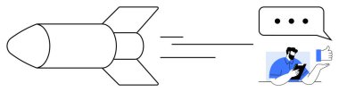 Sohbet balonu ve baş parmağıyla tablet kullanan, yeniliği, takım çalışmasını, ilerlemeyi, dijital geri bildirimi, iletişimi, hedef başarısını, basit düz metaforu sembolize eden bir kişiye doğru roket hareket halinde.