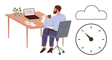 Masasında dizüstü bilgisayarı, kağıtları ve kahve fincanı olan bir adam, saat ve bulut simgesinin yanında oturuyor. Uzak çalışma, zaman yönetimi, çevrimiçi depolama, üretkenlik, serbest modern çalışma alanı için ideal