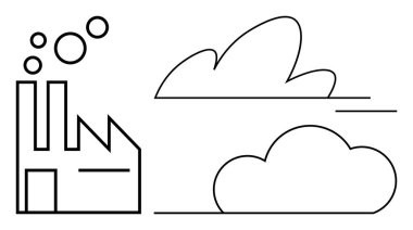 Basitleştirilmiş bulut şekillerinin yanında duman yayan fabrika endüstriyel kirliliği, çevresel etkiyi ve sürdürülebilirliği sembolize ediyor. Sanayi, kirlilik, çevre, enerji ve iklim için ideal