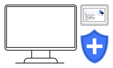 Bilgisayar monitörü, analitik gösteren tablet, güvenliği sembolize eden çapraz mavi kalkan. Siber güvenlik, sağlık teknolojisi, veri koruması, bilişim güvenliği, dijital sağlık farkındalığı için ideal, çevrimiçi