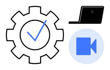 Kontrol işaretli bir dişli, siyah bir dizüstü bilgisayar ve çemberdeki bir video ikonu takım çalışmasını, uzaktan iletişimi, üretkenliği ve teknolojiyi simgeler. Dijital iş akışı, otomasyon, sanal toplantılar için ideal