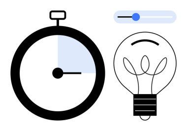 Gölgeli zamanlayıcı ile kronometre, fikirleri sembolize eden ampul ve kontrol için ayarlanabilir kaydırıcı. Yenilik için ideal, üretkenlik, beyin fırtınası, planlama, verimlilik hedefi minimalizm. Basit.