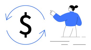 Yuvarlak oklarla çevrili dolar işareti. Yanında el kol hareketi yapan biri var. Finans, yatırım, büyüme stratejisi, ekonomik planlama, para yönetimi, iş çözümleri, iletişim için ideal