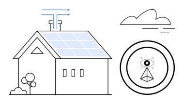Güneş panelleri, ağaçlar, bulutlar, hava akışı okları ve geometrik izleme sembolleriyle donatılmış bir ev. Sürdürülebilirlik, enerji verimliliği, yenilenebilir enerji, çevre dostu akıllı evler için ideal
