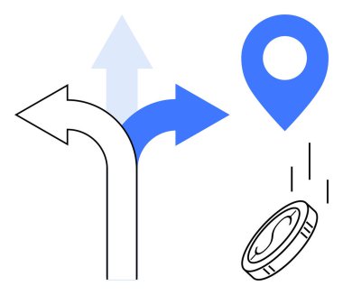 Farklı yönleri gösteren oklar, mavi lokasyon iğnesi, yazı tura. Karar verme, seyrüsefer, belirsizlik, risk, yön stratejisi planlama fırsatı için idealdir. Basit düz metafor