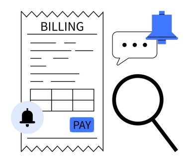 Ödeme düğmeli fatura, büyüteç, bildirim uyarısı, ödeme hatırlatıcıları için mesaj balonu, gider takibi, mali yönetim, çevrimiçi hizmetler, ödeme çözümleri