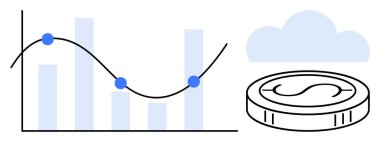 Dinamik çizgi grafiği, maddi varlıkları temsil eden bozuk para ve dijital depolamayı veya bulut hesaplamasını sembolize eden bulut grafiği. İş eğilimleri, finans, veri içgörüleri, ekonomi ve bulut için ideal
