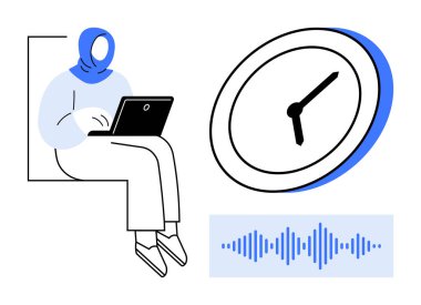 Laptop, büyük boy saat ve ses dalgaları odaklanma, verimlilik ve çoklu görev öneriyor. Zaman takibi, dijital araçlar, uzaktan çalışma, odaklanma verimliliği için ideal basit