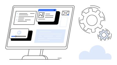 Otomasyonu sembolize eden vitesli interaktif uygulamaları, görev ayarlarını ve e- posta bildirimlerini gösteren masaüstü ekranı. Teknoloji, iş akışı, iletişim, bulut hesaplama, yazılım yönetimi için ideal