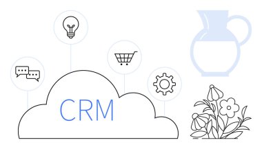 CRM bulutu sohbet baloncuğu, ampul, alışveriş arabası, vites, sürahi ve çiçeklerle çevrili. İletişim, e-ticaret, yenilikçi iş akışı için ideal CRM çözümleri basit dijital araçlar