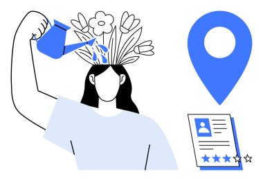 Baştan büyüyen çiçekleri sulayan kişi, mavi harita işaretleyicisi, ve özgeçmiş değerlendirmesi. Kişisel gelişim, öğrenme, yaratıcılık, kariyer gelişimi, farkındalık, kişisel markalaşma ve potansiyel için idealdir. Basit.