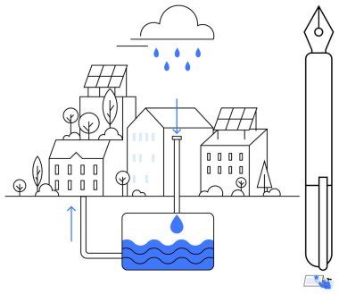 Şehir binaları depolama tankına yağmur suyu toplarken güneş panelleri yenilenebilir enerji üretiyor. Sürdürülebilirlik, su tasarrufu, akıllı şehirler, yenilenebilir enerji, ekoloji, kentsel