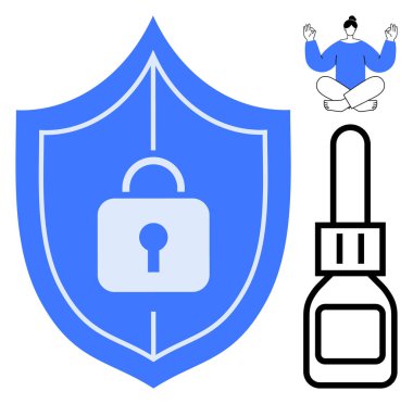 Güvenliği sembolize eden büyük bir kalkan. Meditasyon yapan kişi farkındalığı ve bağlantı için yapıştırıcı şişesini öneriyor. Siber güvenlik, odaklanma, meditasyon, denge, farkındalık, özbakım için ideal