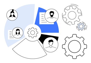 Dişliler ve pasta grafiği işbirliğini, optimizasyonu ve takım çalışmasını ön plana çıkarıyor. Profiller ekibin dahil olduğunu ve veri paylaşımını gösteriyor. İş için ideal, takım çalışması, süreçler, işlemler, strateji