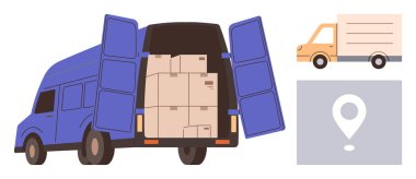 Kutularla dolu bir kargo aracı, küçük bir kamyonet ve lokasyon şifresi. Lojistik, nakliye, teslimat, e-ticaret, tedarik zinciri verimliliği için ideal. Basit düz metafor
