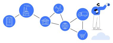Üretim, lojistik, depolama, ulaşım ve perakende özellikleri panosu, küresel harita, fabrika ve insan planlamasını birbirine bağlayan tedarik zinciri yolu. Lojistik ticaret planlama pazarlaması için ideal